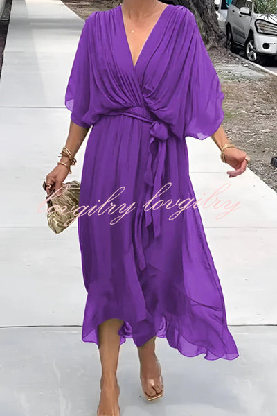 VIVIAN – ELEGANT V-NECK BAT SLEEVE MIDI DRESS 💙✨