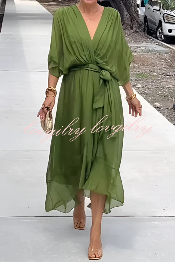 VIVIAN – ELEGANT V-NECK BAT SLEEVE MIDI DRESS 💙✨