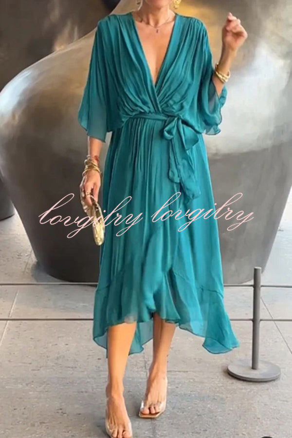 VIVIAN – ELEGANT V-NECK BAT SLEEVE MIDI DRESS 💙✨