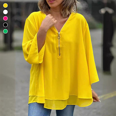 Mediva™ - Chiffon Zipper Top With V-neck