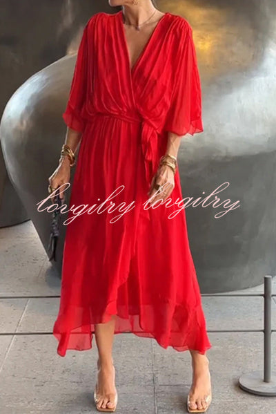 VIVIAN – ELEGANT V-NECK BAT SLEEVE MIDI DRESS 💙✨