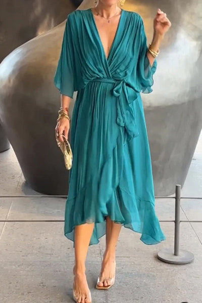 VIVIAN – ELEGANT V-NECK BAT SLEEVE MIDI DRESS 💙✨